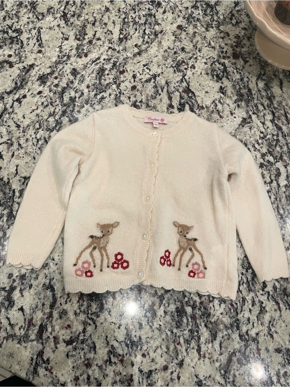 Cream Baby Deer Embroidered Cardigan - Girls' Knit Jacket